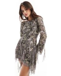 ASOS - Long Sleeve Embellished Mini Dress With Draped Applique And Fringe - Lyst