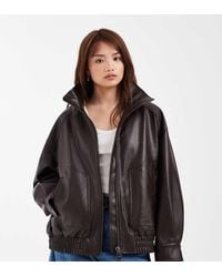 ASOS - Asos Design Petite Oversized Leather Look Funnel Bomber Jacket - Lyst