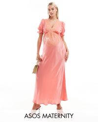 ASOS - Asos Design Maternity Embroidered Satin Midi Tea Dress - Lyst