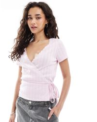 Miss Selfridge - Pointelle Lace Trim Wrap Top - Lyst
