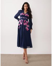 Hope & Ivy - Wrap Bust Embroidered Midi Dress With Button Front - Lyst
