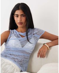 ASOS - Lace Asymmetrical Top With Twist Neck And Cap Sleeve - Lyst