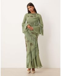 floral embroidered dobby mesh flutter sleeve maxi dress Goddiva Dobby Mesh Feather Sleeve Hem Maxi Dress