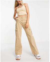 Pull&Bear High Waisted Straight Leg Cargo Trousers - Natural