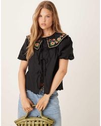 Nobody's Child - Joplin Puff Sleeve Blouse With Embroidered Collar - Lyst