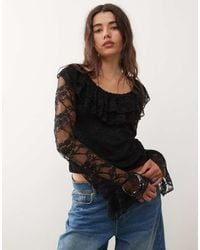 Reclaimed (vintage) - Long Angel Sleeve Lace Top With Ruffles Neckline - Lyst