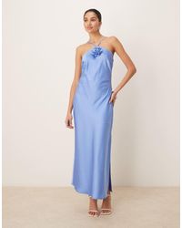 Y.A.S - Vestido Largo Azul Provenzal Con Cuello Halter Y Detalle Floral De Satén De - Lyst