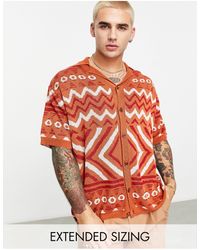 ASOS - Oversized Knitted Revere Collar Polo Shirt With Aztec Print - Lyst