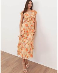 ANAYA - Floral V Neck Ruffle Midi Dress - Lyst
