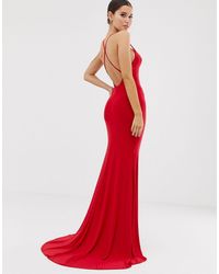 red strappy cross back fishtail maxi dress