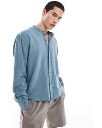 Pull&Bear - Chemise texturée en lin majoritaire à manches longues et col tunisien - bleu sarcelle - Lyst