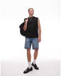 TOPMAN - Pantalones Cortos Vaqueros Azules De Pernera Recta Con Lavado Medio Y Bajos Sin Rematar De - Lyst