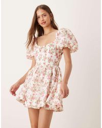 For Love & Lemons - Vestito Corto Stile Milkmaid A Fiori Con Maniche A Sbuffo - Lyst