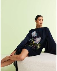 ASOS - Robe courte brodée à fleurs et manches longues avec ourlets à franges - Lyst