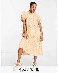 ASOS - Asos Design Petite Broderie Midi Tiered Shirt Dress With Short Sleeves - Lyst