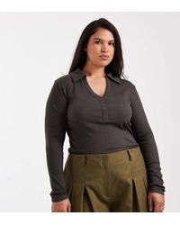 ASOS - Asos Design Curve Shrunken Rib Henley Long Sleeve Top With Collar - Lyst