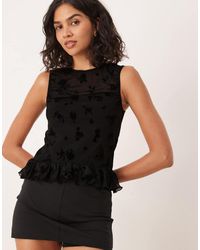 ASOS - Top Van Gevlokt Mesh Met Rimpeleffect En Peplumzoom - Lyst