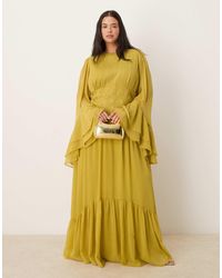 ASOS - Asos Design Curve Long Sleeved Chiffon Maxi Dress With Cross Stitch Waist Detail - Lyst