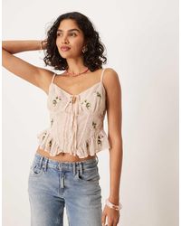 ASOS - Top Corsetero Con Diseño Bordado Y Lazada Delantera De -Neutro - Lyst