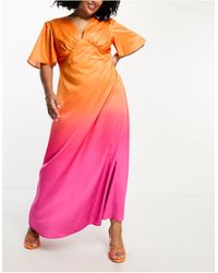 Flounce London - Vestito lungo rosa e arancione sfumato con scollo profondo e maniche con volant - Lyst