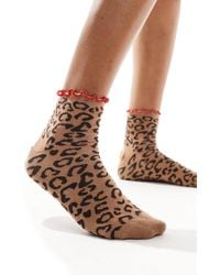 ASOS - Leopard Print Socks With Red Frill Edge - Lyst