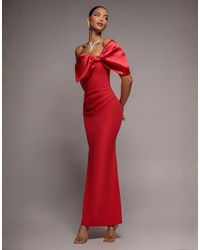 Goddiva - Off The Shoulder Satin Bow Neck Maxi Dress - Lyst