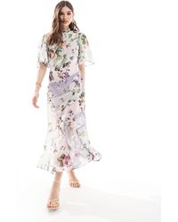 ASOS - Vestido midi lila con estampado floral, mangas 3/4, cuello alto y abertura - Lyst