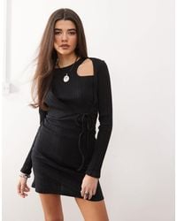 Collusion - Long Sleeve Rib Mini Dress With Asymmetric Tie And Cut Out Detail - Lyst