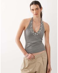 Mango - Cotton Mix Halterneck Top With Faux Shell Buttons - Lyst