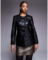 River Island - Faux Leather Collarless Jacket With Gold Buttons - Lyst