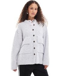 Monki - Chunky Knit Rib High Neck Cardigan With Button Front And Front Flap Pockets - Lyst