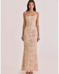 House Of Cb - Naima Peach Hand Beaded Embellished Corset Maxi Dress - Lyst