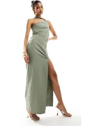 Vesper - Exclusivité - robe longue asymétrique fendue sur la cuisse avec encolure fantaisie - olive - Lyst