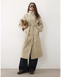 Pieces - Funnel Neck Belted Formal Wool-feel Coat - Lyst