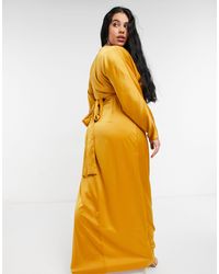 asos design maxi dress with batwing sleeve and wrap waist in satin