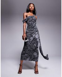 ASOS - Mesh Asymmetric Off Shoulder Midi Dress With Hitched Drape Sash - Lyst