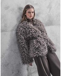 ONLY - Giacca Pelosa Grigia Con Cintura - Lyst