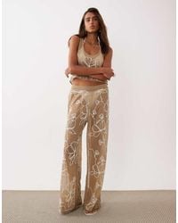 Miss Selfridge - Beach Premium Sheer Knit Embroidered Wide Leg Pants - Lyst