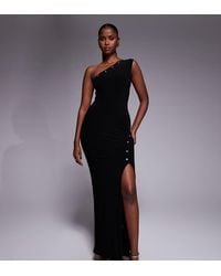 Kaiia - Exclusive Double Layered Slinky One Shoulder Eyelet Detail Thigh Split Maxi Dress - Lyst