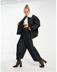& Other Stories Nylon Bomber Jacket With Faux Fur Collar - Black