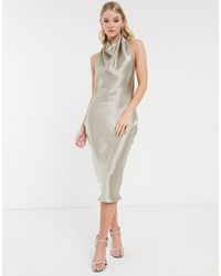 ASOS – Neckholder-Midikleid aus Satin mit Wasserfallausschnitt - Braun
