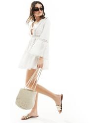 Miss Selfridge - Beach Broderie Lace Insert Fluted Sleeve Cover Up Mini Dress - Lyst
