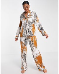 Missguided Contrast Leopard Print Satin Pyjama Set - Orange