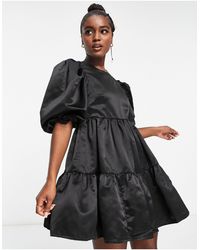 In The Style - Exclusive Satin Puff Sleeve Tiered Mini Prom Dress - Lyst