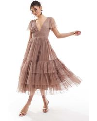 LACE & BEADS - Bridesmaid Madison V Neck Tulle Midi Dress - Lyst