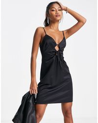 TOPSHOP Ruched Mini Satin Slip Dress in Black | Lyst