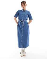 ONLY - Vestido Vaquero Midi De Manga Corta Con Lavado Azul Medio Y Lazada En La Cintura De - Lyst
