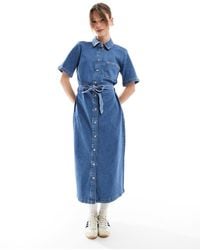 ONLY - Tie Waist Denim Midi Dress - Lyst