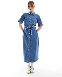 ONLY - Vestido Vaquero Midi De Manga Corta Con Lavado Azul Medio Y Lazada En La Cintura De - Lyst