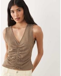 Mango - Cotton Rich Gingham Ruched Detail Sleeveless Top - Lyst